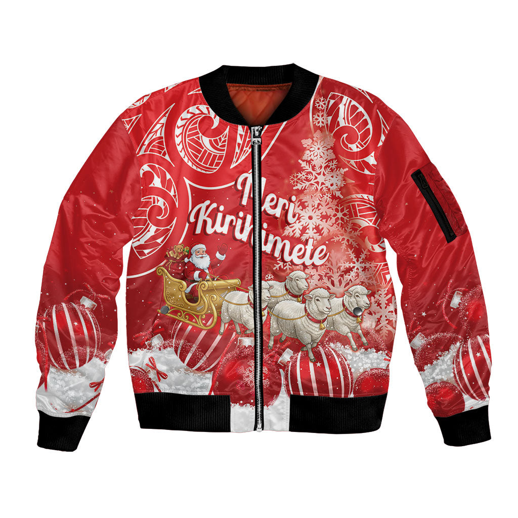 New Zealand Christmas In July Personalised Sleeve Zip Bomber Jacket Funny Santa Sheep Meri Kirihimete Red LT14 Unisex Red - Polynesian Pride