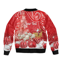 New Zealand Christmas In July Personalised Sleeve Zip Bomber Jacket Funny Santa Sheep Meri Kirihimete Red LT14 - Polynesian Pride