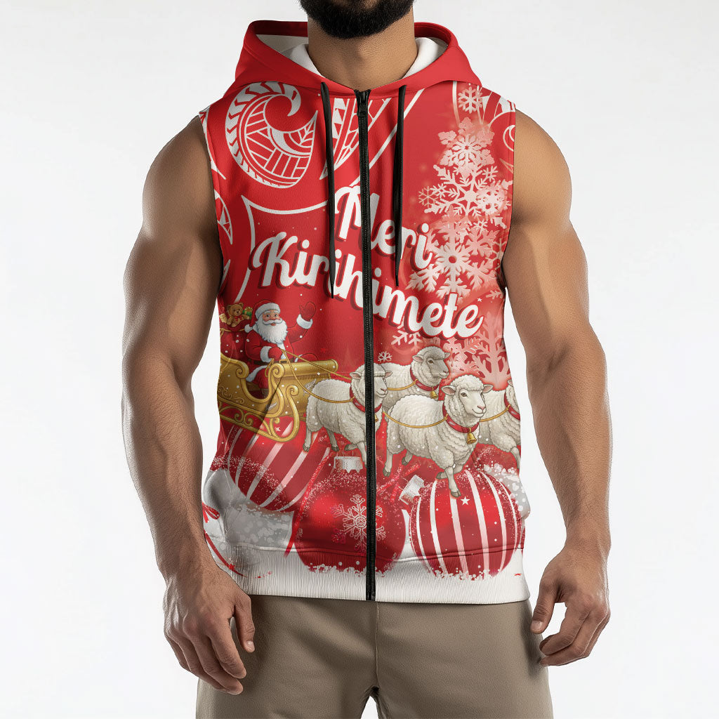 New Zealand Christmas In July Personalised Sleeveless Zip Hoodie Funny Santa Sheep Meri Kirihimete Red LT14 - Polynesian Pride