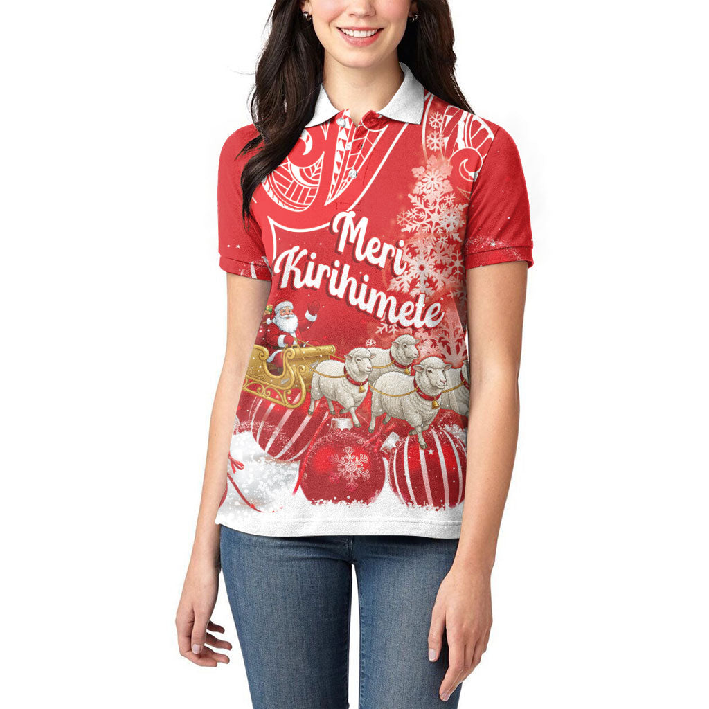 New Zealand Christmas In July Personalised Women Polo Shirt Funny Santa Sheep Meri Kirihimete Red LT14 - Polynesian Pride