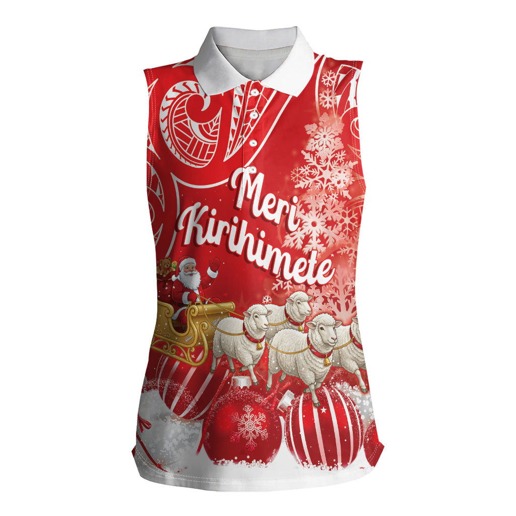 New Zealand Christmas In July Personalised Women Sleeveless Polo Shirt Funny Santa Sheep Meri Kirihimete Red LT14 Female Red - Polynesian Pride