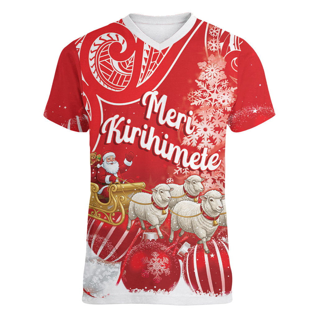 New Zealand Christmas In July Personalised Women V-Neck T-Shirt Funny Santa Sheep Meri Kirihimete Red LT14 Female Red - Polynesian Pride