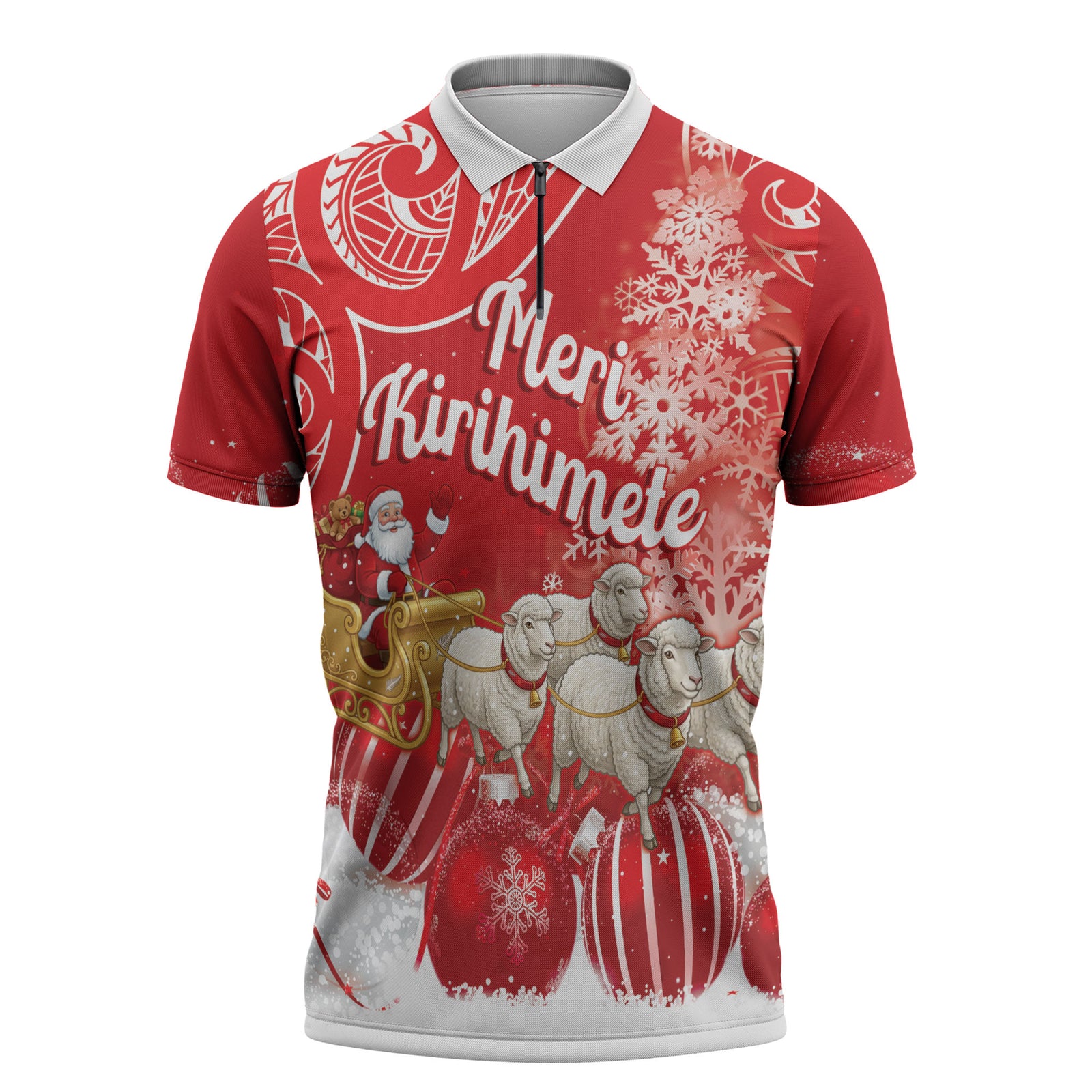 New Zealand Christmas In July Personalised Zipper Polo Shirt Funny Santa Sheep Meri Kirihimete Red LT14 Red - Polynesian Pride