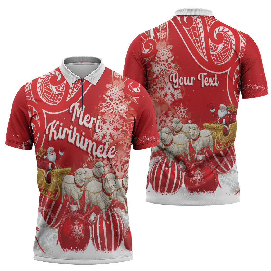 New Zealand Christmas In July Personalised Zipper Polo Shirt Funny Santa Sheep Meri Kirihimete Red LT14 - Polynesian Pride