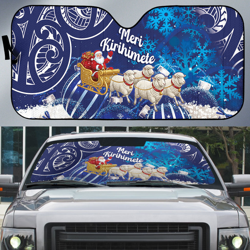 New Zealand Christmas In July Auto Sun Shade Funny Santa Sheep Meri Kirihimete Blue LT14 Blue - Polynesian Pride