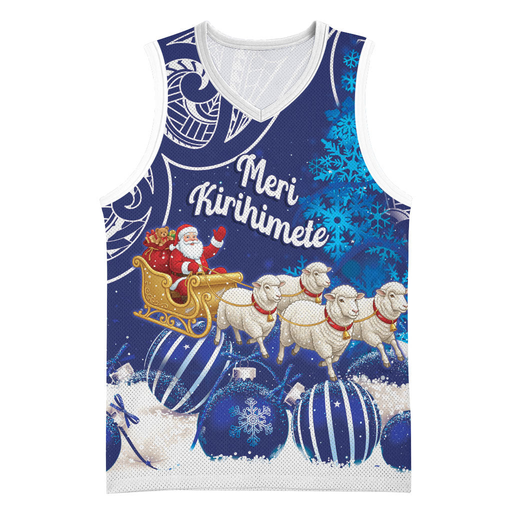 New Zealand Christmas In July Personalised Basketball Jersey Funny Santa Sheep Meri Kirihimete Blue LT14 Unisex Blue - Polynesian Pride