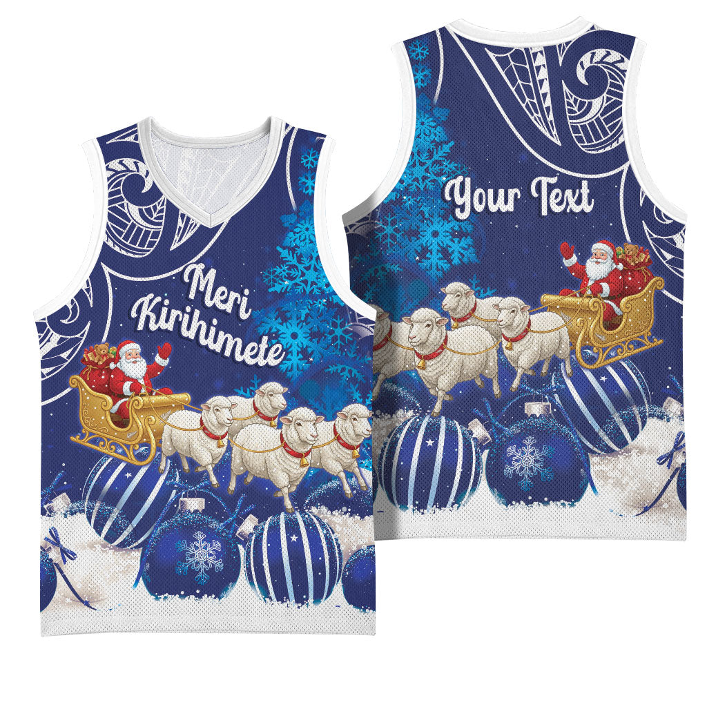New Zealand Christmas In July Personalised Basketball Jersey Funny Santa Sheep Meri Kirihimete Blue LT14 - Polynesian Pride