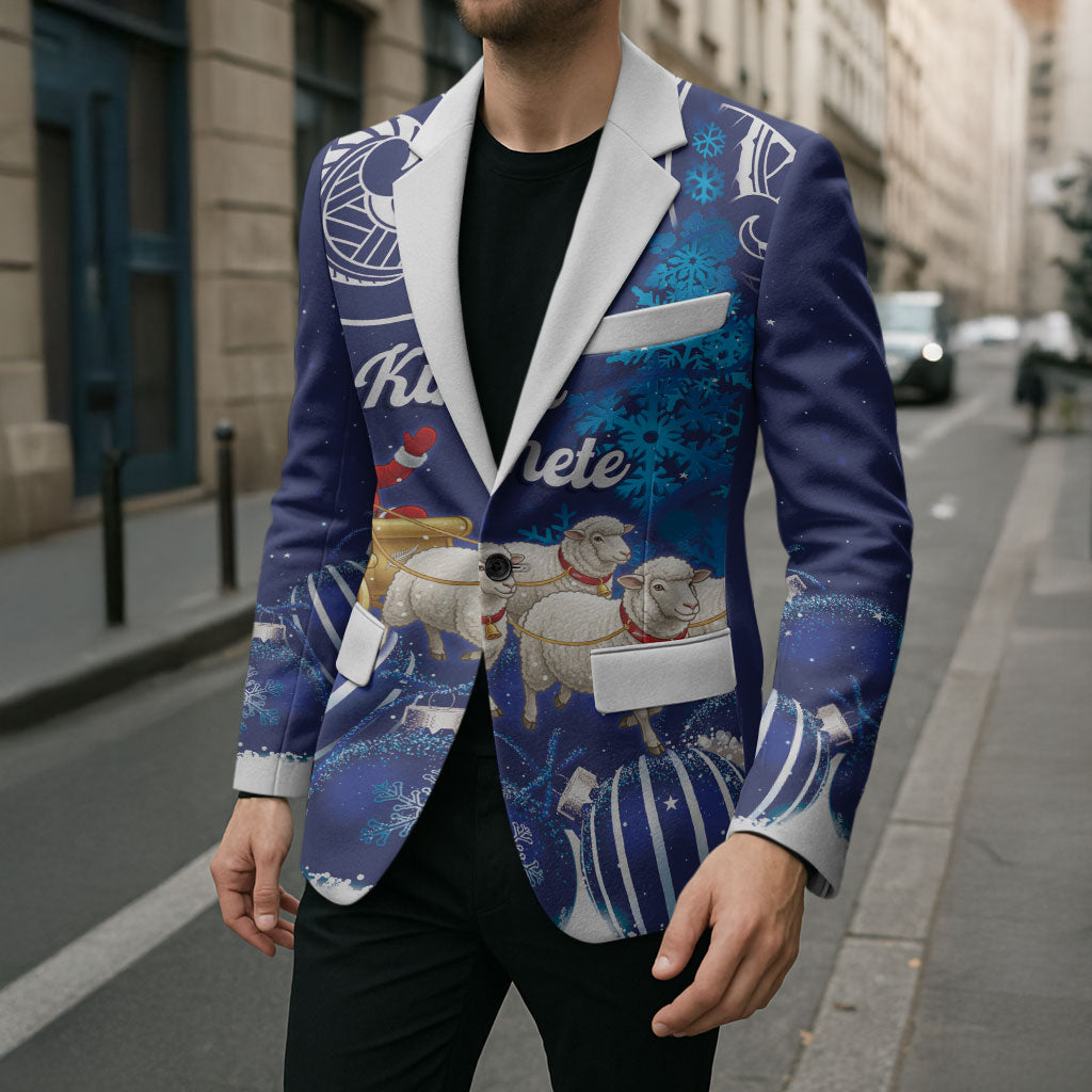 New Zealand Christmas In July Personalised Blazer Funny Santa Sheep Meri Kirihimete Blue LT14 - Polynesian Pride