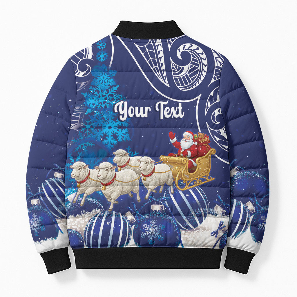 New Zealand Christmas In July Personalised Bomber Puffer Jacket Funny Santa Sheep Meri Kirihimete Blue LT14 - Polynesian Pride