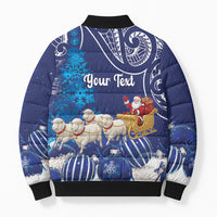 New Zealand Christmas In July Personalised Bomber Puffer Jacket Funny Santa Sheep Meri Kirihimete Blue LT14 - Polynesian Pride