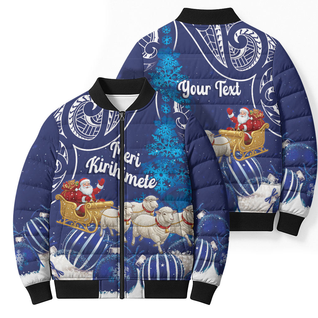 New Zealand Christmas In July Personalised Bomber Puffer Jacket Funny Santa Sheep Meri Kirihimete Blue LT14 - Polynesian Pride
