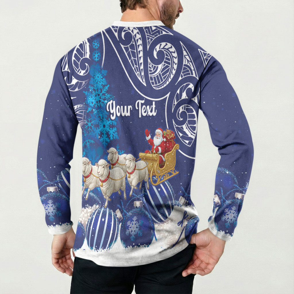 New Zealand Christmas In July Personalised Button Sweatshirt Funny Santa Sheep Meri Kirihimete Blue LT14 - Polynesian Pride