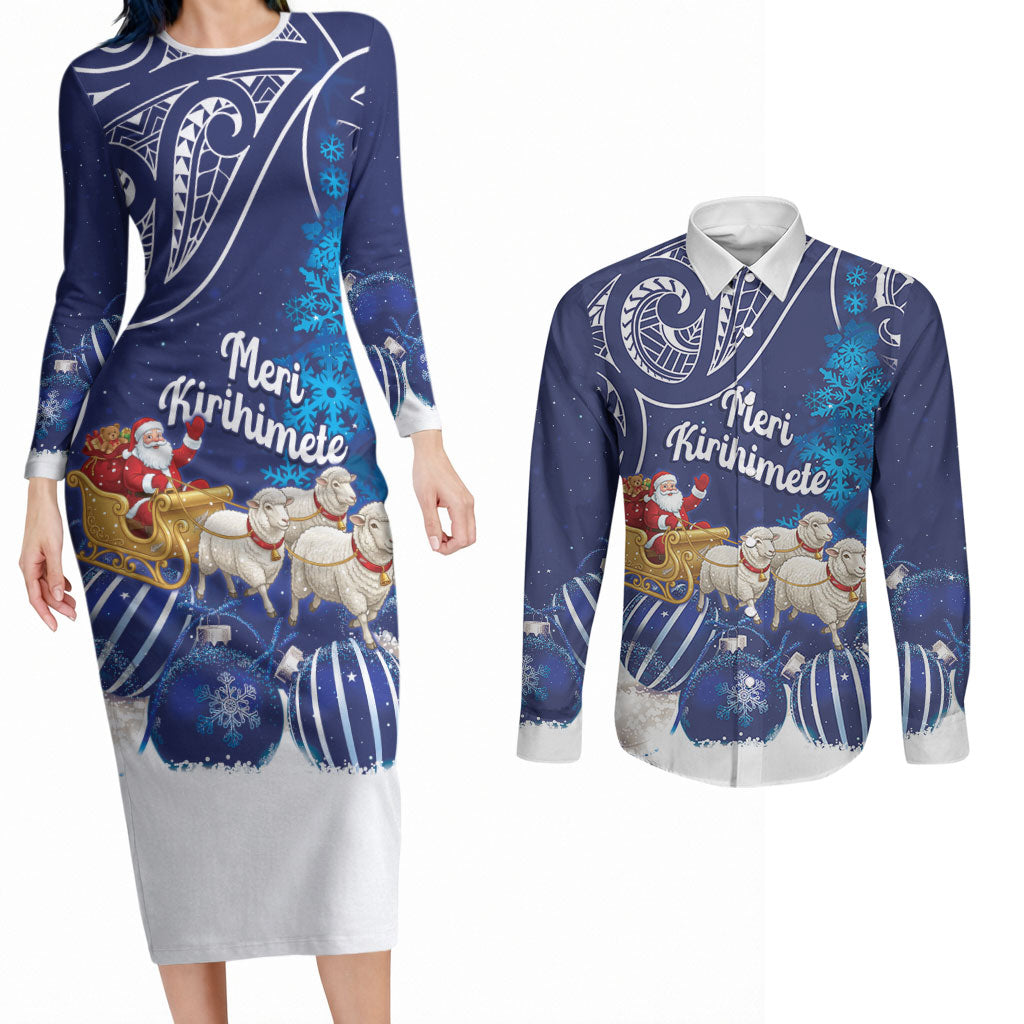 New Zealand Christmas In July Personalised Couples Matching Long Sleeve Bodycon Dress and Long Sleeve Button Shirt Funny Santa Sheep Meri Kirihimete Blue LT14 Blue - Polynesian Pride