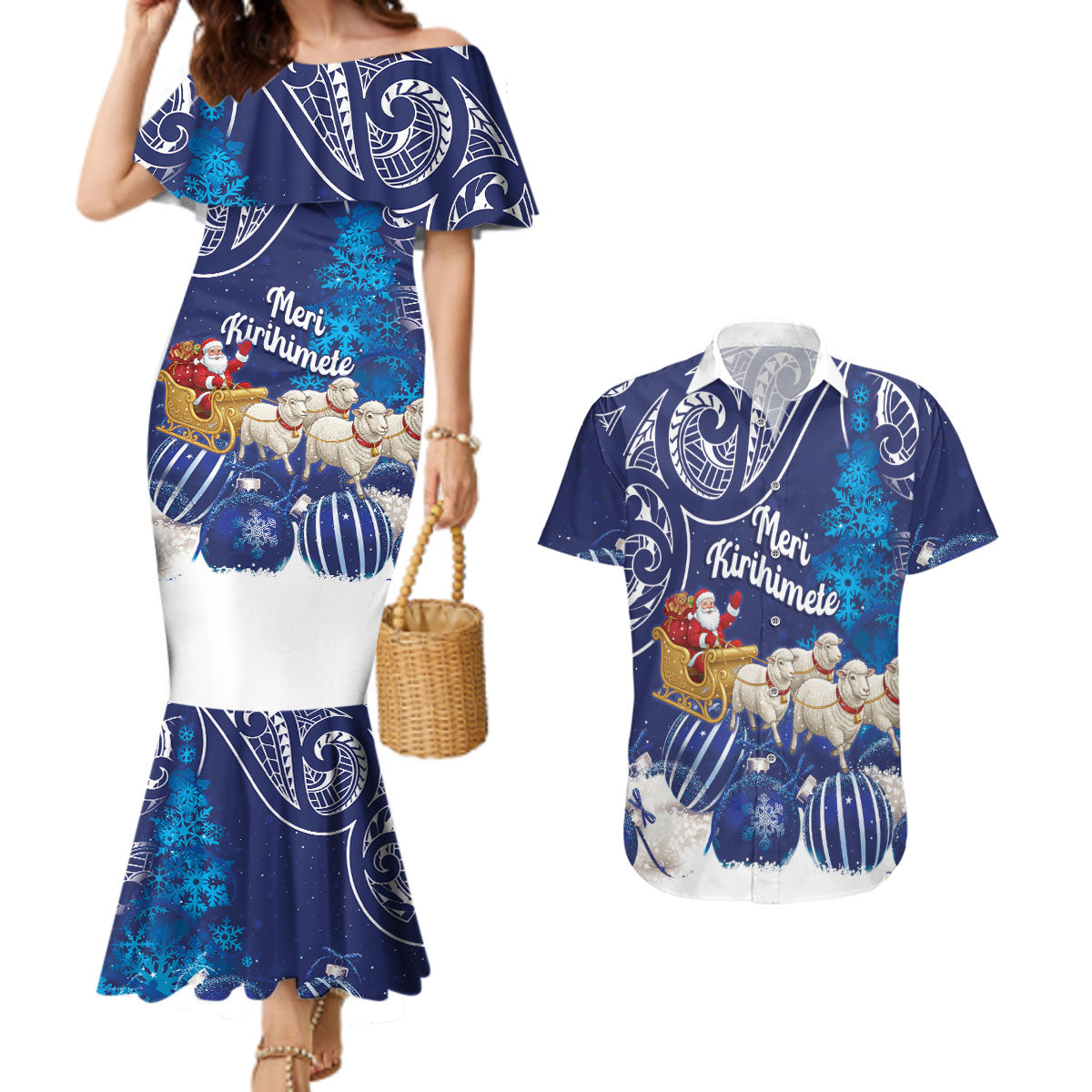 New Zealand Christmas In July Personalised Couples Matching Mermaid Dress and Hawaiian Shirt Funny Santa Sheep Meri Kirihimete Blue LT14 Blue - Polynesian Pride
