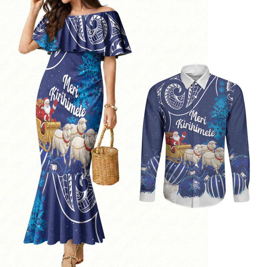 New Zealand Christmas In July Personalised Couples Matching Mermaid Dress and Long Sleeve Button Shirt Funny Santa Sheep Meri Kirihimete Blue LT14 Blue - Polynesian Pride
