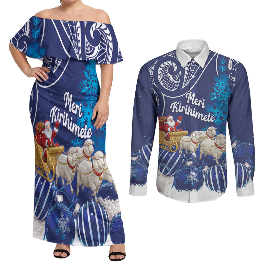 New Zealand Christmas In July Personalised Couples Matching Off Shoulder Maxi Dress and Long Sleeve Button Shirt Funny Santa Sheep Meri Kirihimete Blue LT14 Blue - Polynesian Pride
