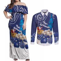 New Zealand Christmas In July Personalised Couples Matching Off Shoulder Maxi Dress and Long Sleeve Button Shirt Funny Santa Sheep Meri Kirihimete Blue LT14 Blue - Polynesian Pride