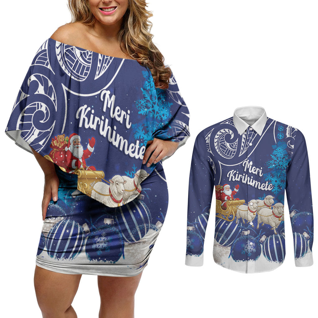 New Zealand Christmas In July Personalised Couples Matching Off Shoulder Short Dress and Long Sleeve Button Shirt Funny Santa Sheep Meri Kirihimete Blue LT14 Blue - Polynesian Pride