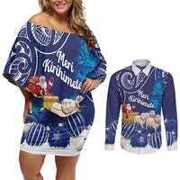 New Zealand Christmas In July Personalised Couples Matching Off Shoulder Short Dress and Long Sleeve Button Shirt Funny Santa Sheep Meri Kirihimete Blue LT14 Blue - Polynesian Pride