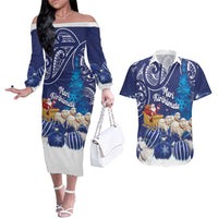 New Zealand Christmas In July Personalised Couples Matching Off The Shoulder Long Sleeve Dress and Hawaiian Shirt Funny Santa Sheep Meri Kirihimete Blue LT14 Blue - Polynesian Pride