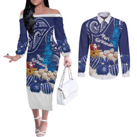 New Zealand Christmas In July Personalised Couples Matching Off The Shoulder Long Sleeve Dress and Long Sleeve Button Shirt Funny Santa Sheep Meri Kirihimete Blue LT14 Blue - Polynesian Pride