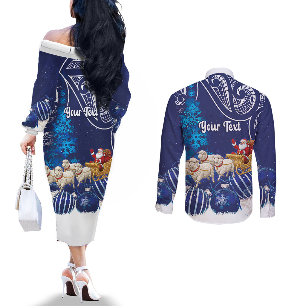 New Zealand Christmas In July Personalised Couples Matching Off The Shoulder Long Sleeve Dress and Long Sleeve Button Shirt Funny Santa Sheep Meri Kirihimete Blue LT14 - Polynesian Pride