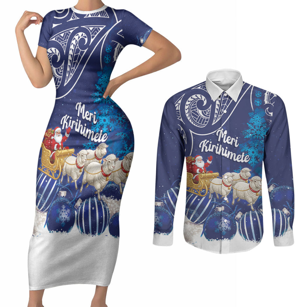New Zealand Christmas In July Personalised Couples Matching Short Sleeve Bodycon Dress and Long Sleeve Button Shirt Funny Santa Sheep Meri Kirihimete Blue LT14 Blue - Polynesian Pride