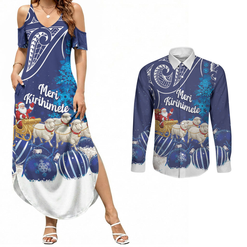 New Zealand Christmas In July Personalised Couples Matching Summer Maxi Dress and Long Sleeve Button Shirt Funny Santa Sheep Meri Kirihimete Blue LT14 Blue - Polynesian Pride