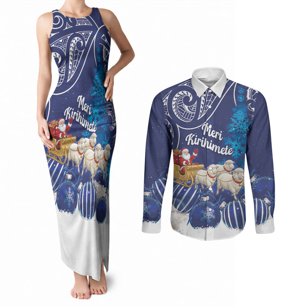 New Zealand Christmas In July Personalised Couples Matching Tank Maxi Dress and Long Sleeve Button Shirt Funny Santa Sheep Meri Kirihimete Blue LT14 Blue - Polynesian Pride