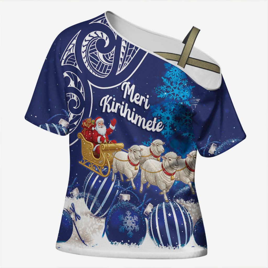 New Zealand Christmas In July Personalised Cross Shoulder Shirt Funny Santa Sheep Meri Kirihimete Blue LT14 Female Blue - Polynesian Pride