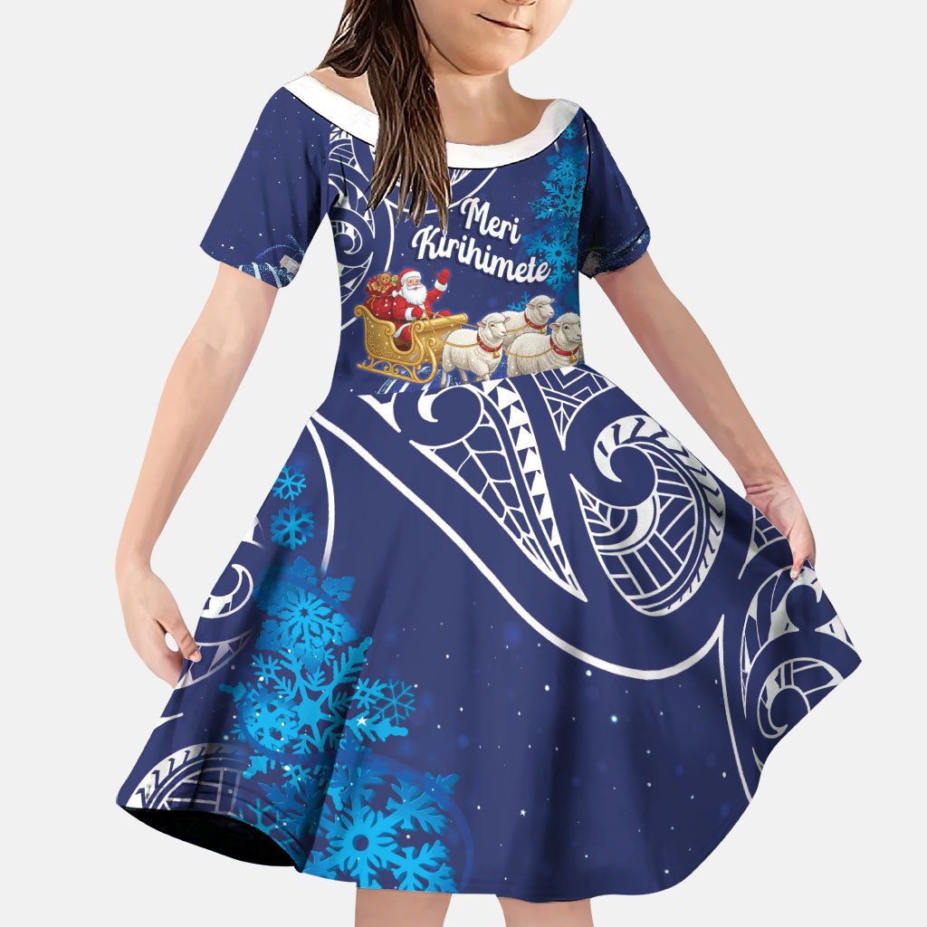New Zealand Christmas In July Personalised Family Matching Off The Shoulder Long Sleeve Dress and Hawaiian Shirt Funny Santa Sheep Meri Kirihimete Blue LT14 Daughter's Dress Blue - Polynesian Pride