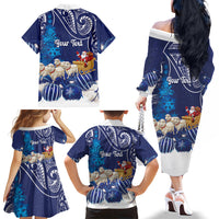 New Zealand Christmas In July Personalised Family Matching Off The Shoulder Long Sleeve Dress and Hawaiian Shirt Funny Santa Sheep Meri Kirihimete Blue LT14 - Polynesian Pride