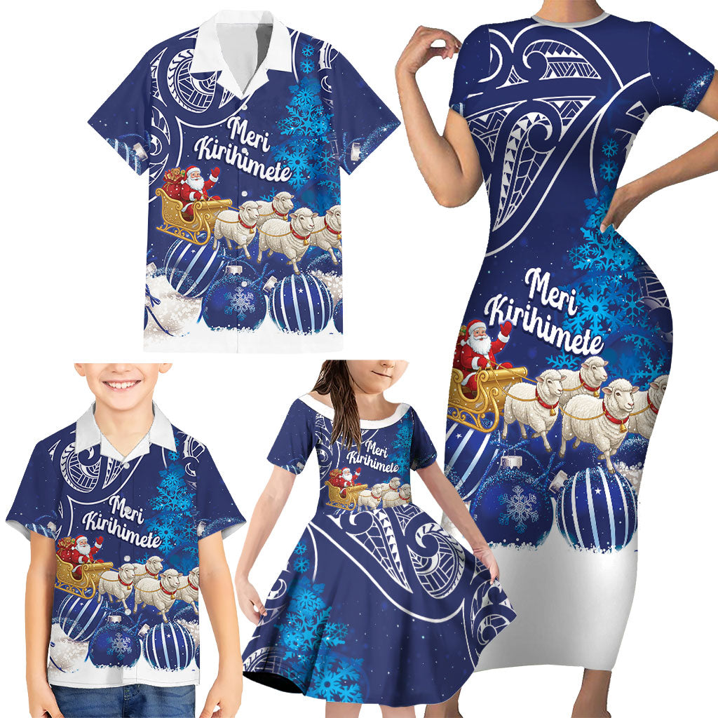 New Zealand Christmas In July Personalised Family Matching Short Sleeve Bodycon Dress and Hawaiian Shirt Funny Santa Sheep Meri Kirihimete Blue LT14 - Polynesian Pride