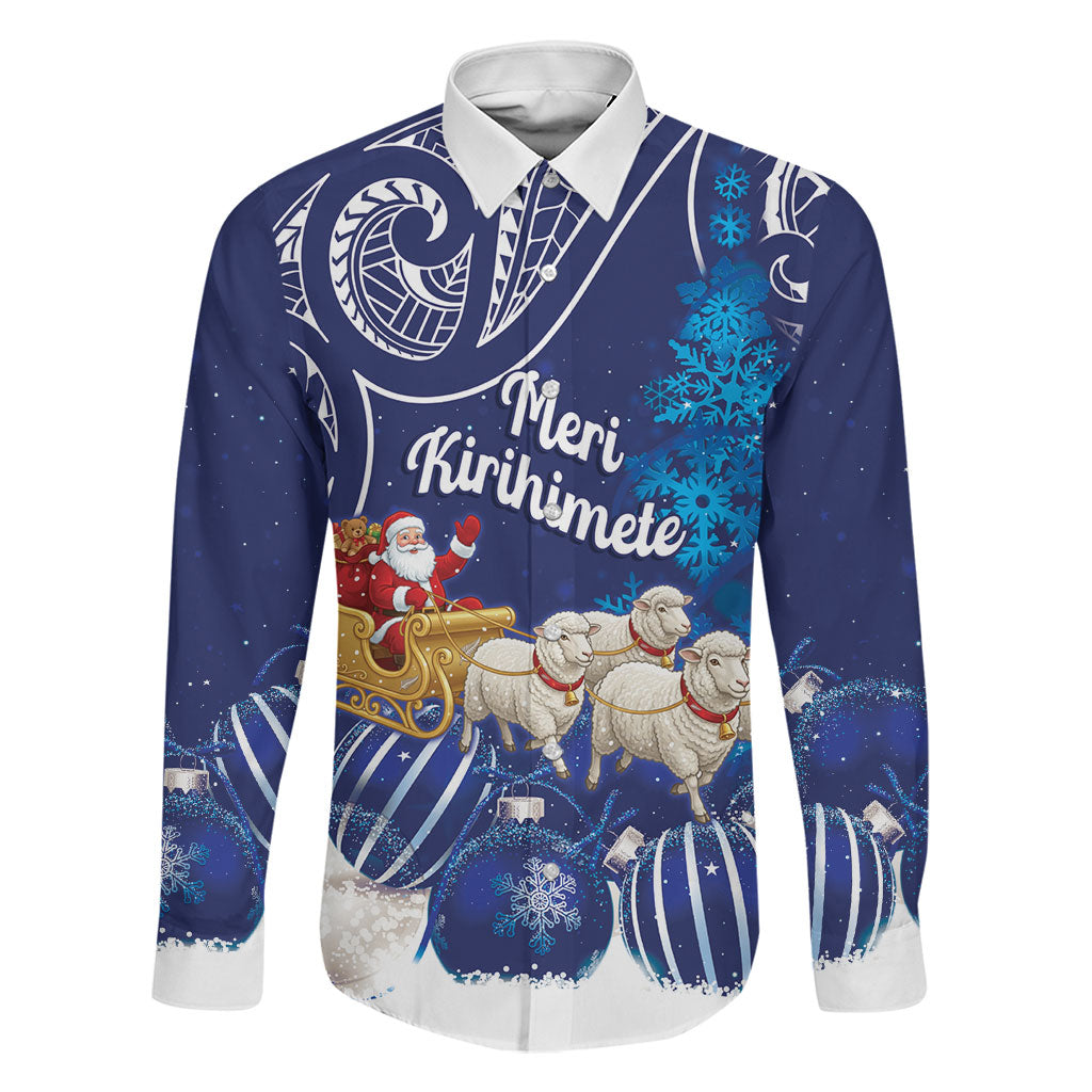 New Zealand Christmas In July Personalised Family Matching Short Sleeve Bodycon Dress and Hawaiian Shirt Funny Santa Sheep Meri Kirihimete Blue LT14 Dad's Shirt - Long Sleeve Blue - Polynesian Pride