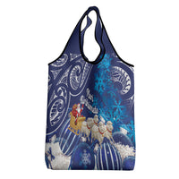 New Zealand Christmas In July Grocery Bag Funny Santa Sheep Meri Kirihimete Blue LT14 - Polynesian Pride