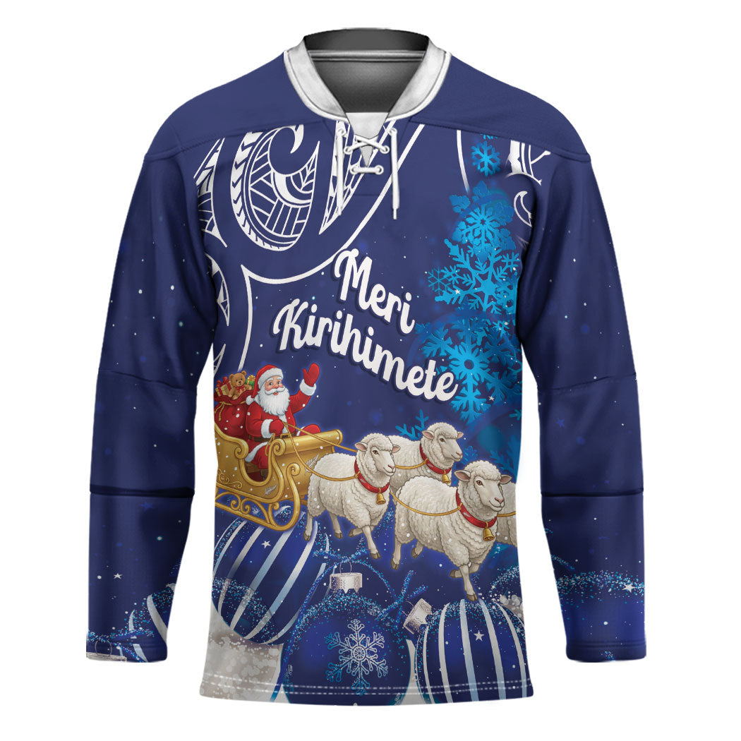 New Zealand Christmas In July Personalised Hockey Jersey Funny Santa Sheep Meri Kirihimete Blue LT14 Unisex Blue - Polynesian Pride