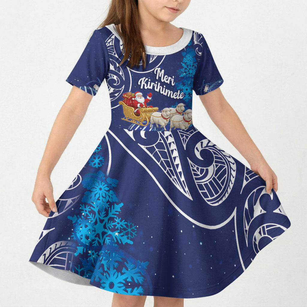 New Zealand Christmas In July Personalised Kid Short Sleeve Dress Funny Santa Sheep Meri Kirihimete Blue LT14 KID Blue - Polynesian Pride