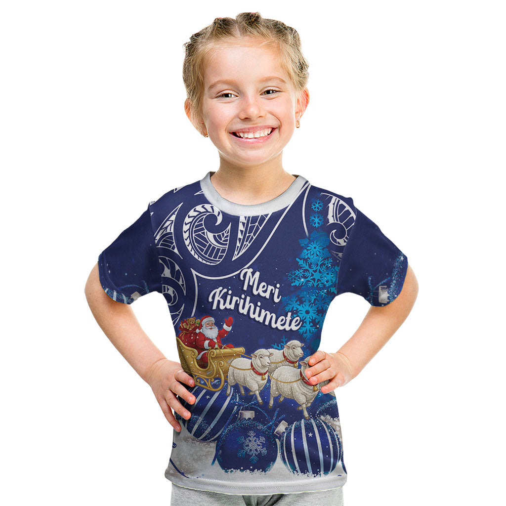 New Zealand Christmas In July Personalised Kid T Shirt Funny Santa Sheep Meri Kirihimete Blue LT14 Blue - Polynesian Pride
