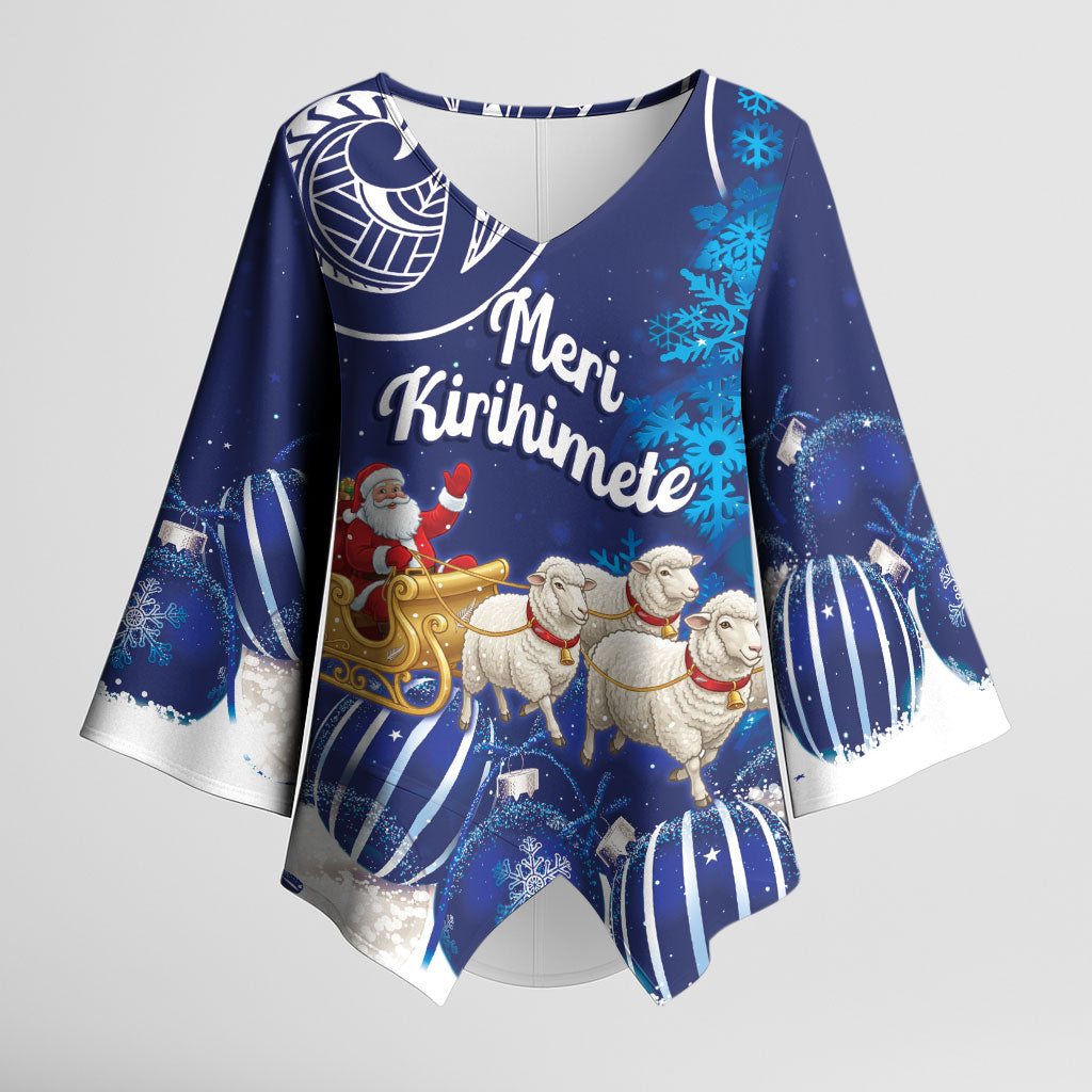 New Zealand Christmas In July Personalised Kimono Sleeve Blouse Funny Santa Sheep Meri Kirihimete Blue LT14 Female Blue - Polynesian Pride