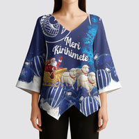 New Zealand Christmas In July Personalised Kimono Sleeve Blouse Funny Santa Sheep Meri Kirihimete Blue LT14 - Polynesian Pride