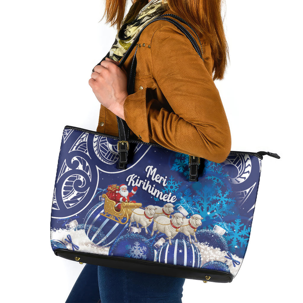 New Zealand Christmas In July Leather Tote Bag Funny Santa Sheep Meri Kirihimete Blue LT14 Blue - Polynesian Pride