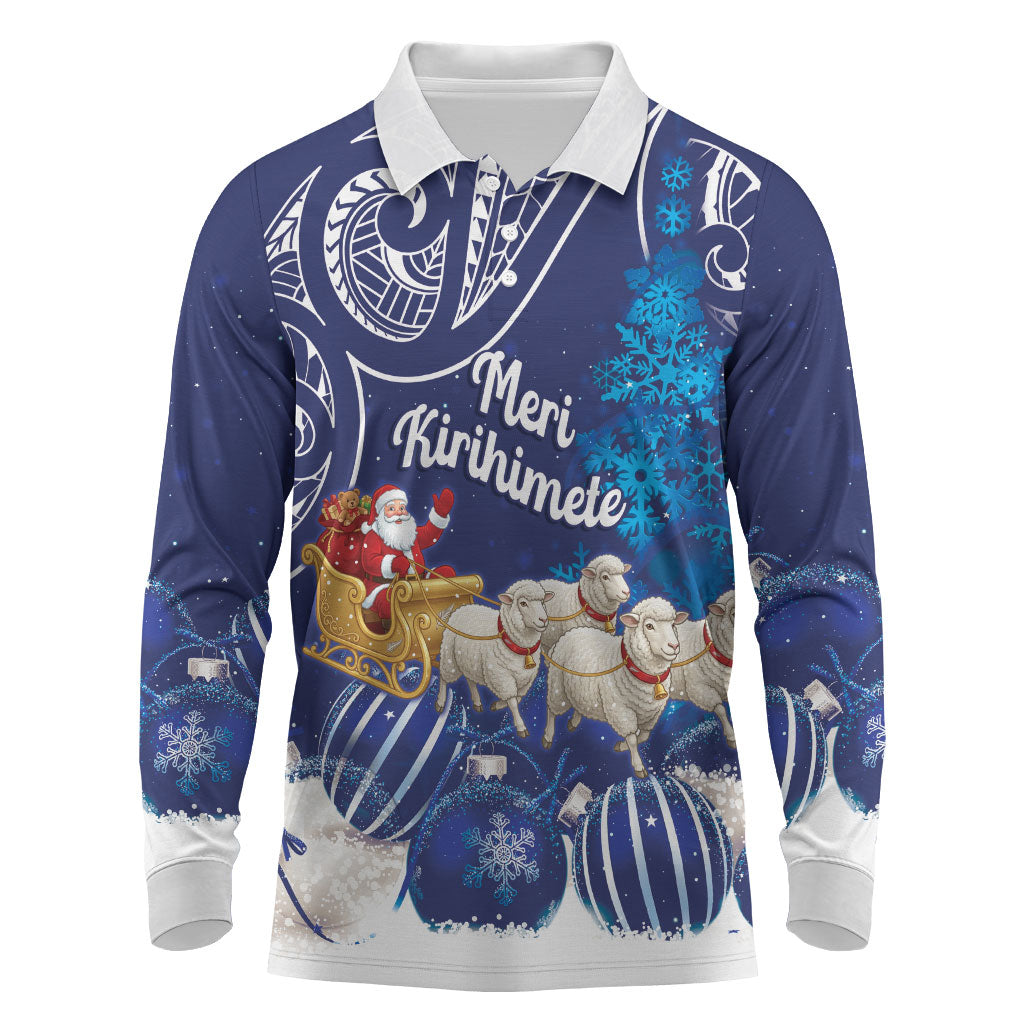 New Zealand Christmas In July Personalised Long Sleeve Polo Shirt Funny Santa Sheep Meri Kirihimete Blue LT14 Blue - Polynesian Pride