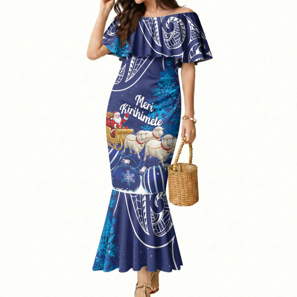 New Zealand Christmas In July Personalised Mermaid Dress Funny Santa Sheep Meri Kirihimete Blue LT14 Women Blue - Polynesian Pride