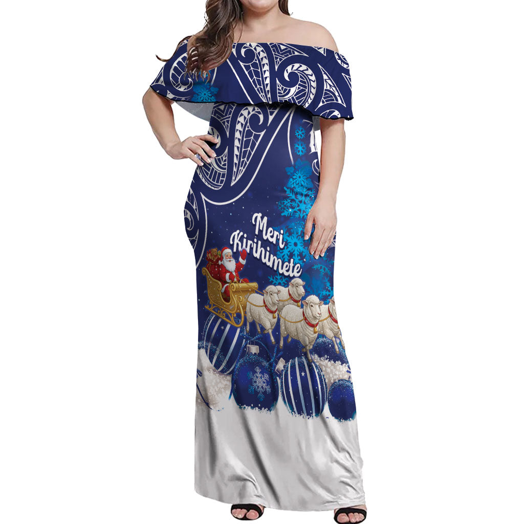 New Zealand Christmas In July Personalised Off Shoulder Maxi Dress Funny Santa Sheep Meri Kirihimete Blue LT14 Women Blue - Polynesian Pride