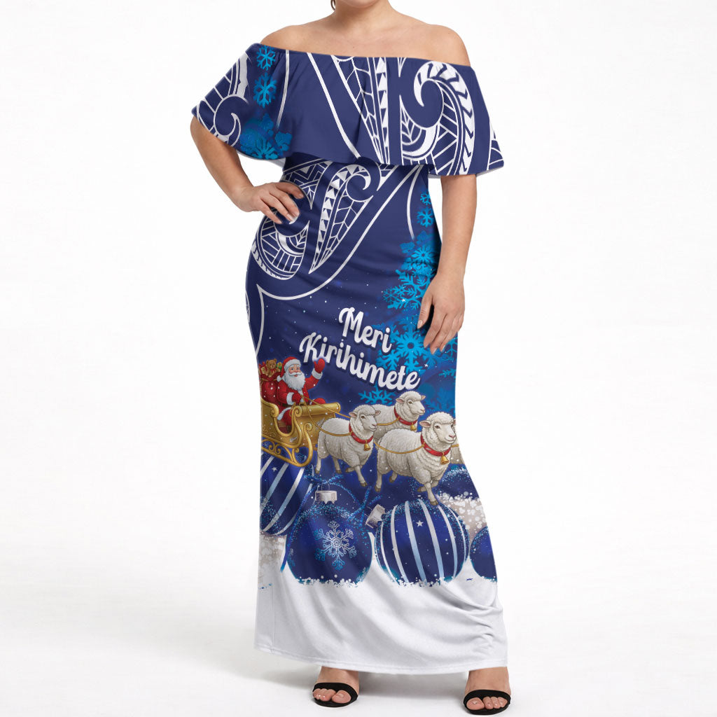 New Zealand Christmas In July Personalised Off Shoulder Maxi Dress Funny Santa Sheep Meri Kirihimete Blue LT14 Women Blue - Polynesian Pride