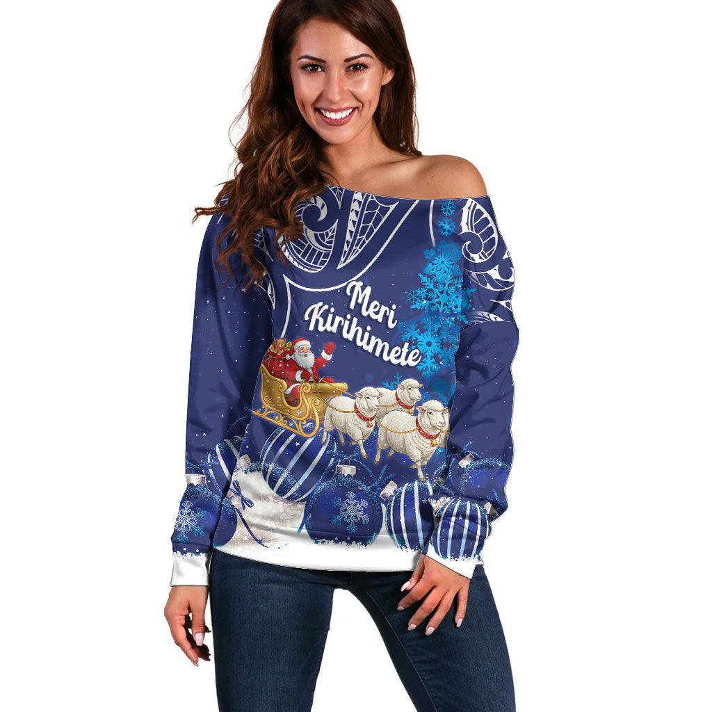 New Zealand Christmas In July Personalised Off Shoulder Sweater Funny Santa Sheep Meri Kirihimete Blue LT14 Women Blue - Polynesian Pride