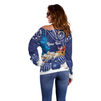 New Zealand Christmas In July Personalised Off Shoulder Sweater Funny Santa Sheep Meri Kirihimete Blue LT14 - Polynesian Pride