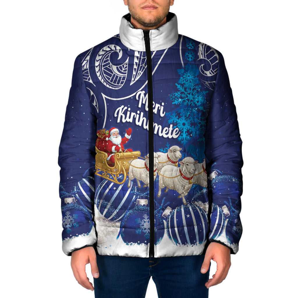 New Zealand Christmas In July Personalised Padded Jacket Funny Santa Sheep Meri Kirihimete Blue LT14 Men Blue - Polynesian Pride