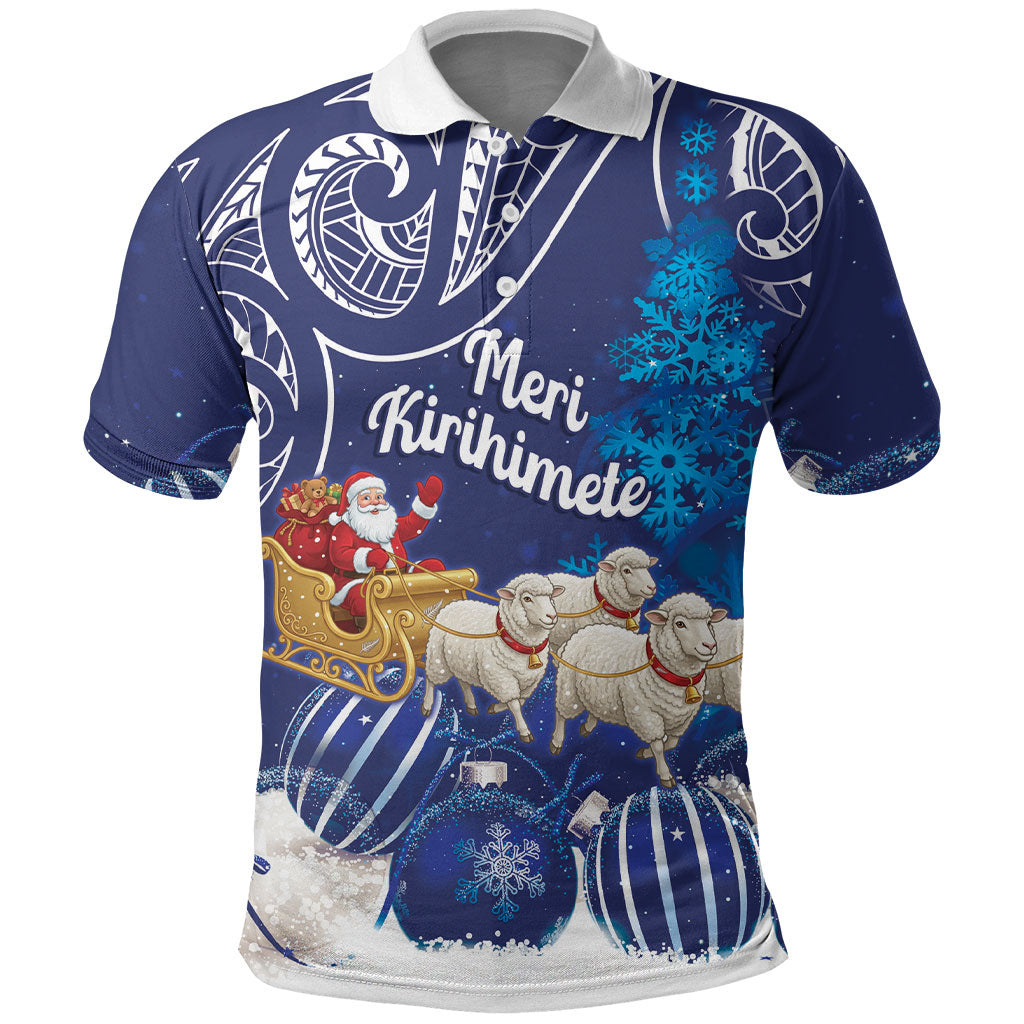 New Zealand Christmas In July Personalised Polo Shirt Funny Santa Sheep Meri Kirihimete Blue LT14 Blue - Polynesian Pride