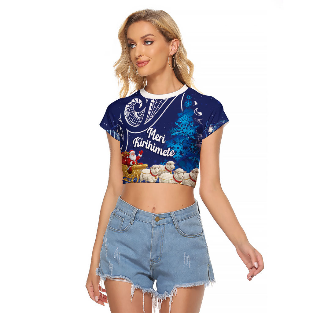 New Zealand Christmas In July Personalised Raglan Cropped T Shirt Funny Santa Sheep Meri Kirihimete Blue LT14 Female Blue - Polynesian Pride